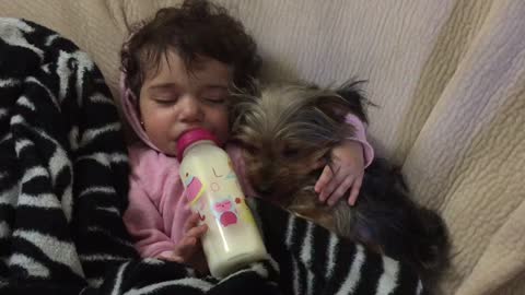 Cuteness overload! Baby cuddles puppy for nap time