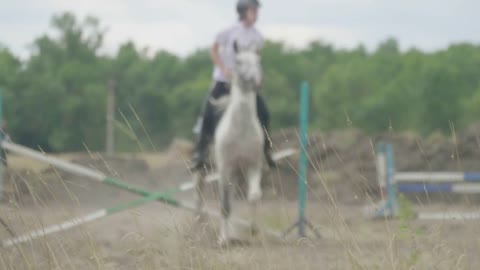 Race horses and jockeys jumping over a hurdle. Blur effect