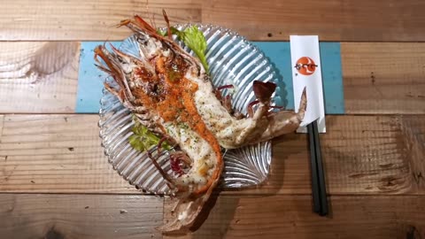 Japanese food, tiger prawns and Okinawan kurobuta pork