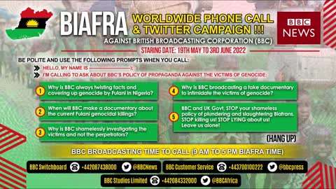 Biafra Worldwide phone call & Twitter campaign Against British Broadcasting Corporation (BBC)