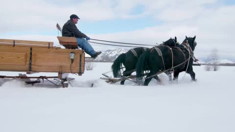 Horse and carriage travel alongside mountains in snow