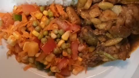 Curry Chicken with basmati rice and mix vegetables