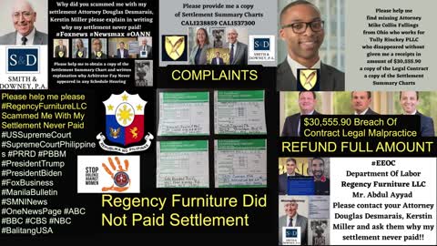 #RaffyTulfoInAction Sen. Raffy Tulfo / Regency Furniture LLC Corporate Office Headquarters Maryland Did Not Paid Victim Settlement / Smith Downey PA / Douglas W. Desmarais / Tully Rinckey PLLC / Mike C. Fallings / Cheri L. Cannon Esq