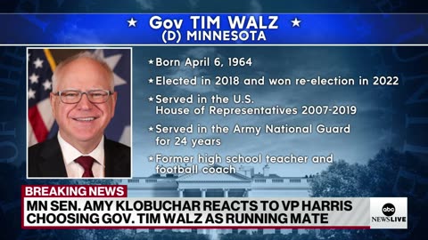 Sen. Amy Klobuchar reacts to Harris’ running mate pick Gov. Tim Walz