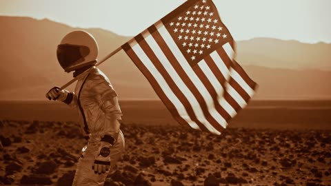 An Astronaut Walking on Mars Carrying the American Flag