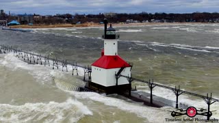 St Joseph, Michigan Lighthouse April 13 Storms High wind & Erosion Drone Footage 4K