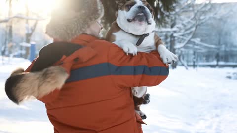 happy bearded man hugging and gently kissing his cute friend English bulldog