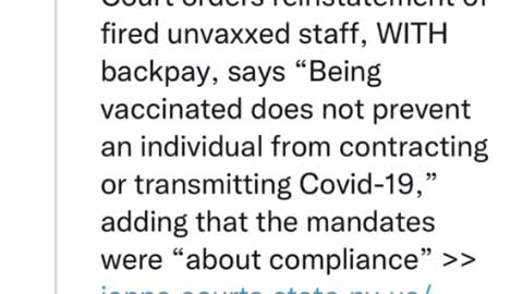 🚨 BREAKING: NY Supreme Court Orders Reinstatement Of Fired Unvaxxed Staff W/ Backpay!