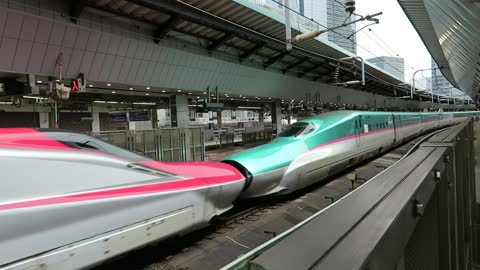 Red and Green Shinkansen leaving