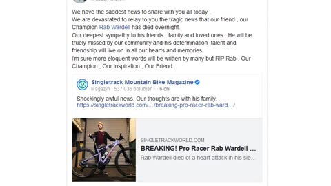 Rab Wardell nie żyje. Miał 37 lat. Kolarz umarł we śnie.