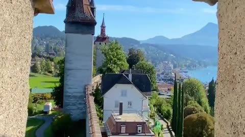Lucerne in Swirzerland is an amazing Swiss town! View from city wall onto old town and lake.