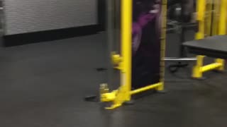 Man blue shirt jumps on table gym fall