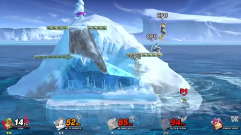 Link Vs Wii Fit Trainer Vs Mr Game And Watch Vs Captain Falcon Vs Donkey Kong on Summit (Smash Bros)