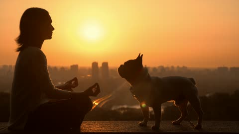 Woman meditating with dog in the sunset