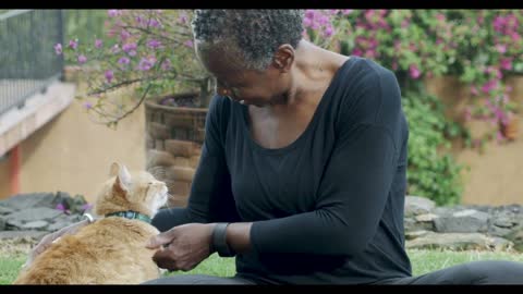 Beautiful elderly black woman in her 60s petting and scratching her domestic orange pet cat