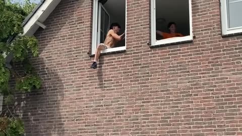 Girl Jump From Window to Trampoline Then Bounce Back to Same Spot