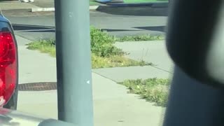 Wet suit guy practices standing up on surfboard in parking lot