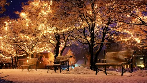Trees Park Bench Lights Christmas and Winter Snow