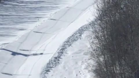 Kid rides shopping cart down snow hill and wipes out