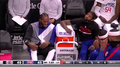 During the Chippers-Pistons game, Kawhi Leonard was seen laughing on the bench.