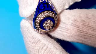 Overview Gold Halo Christian Signet Ring with Diamonds and Blue Enamel