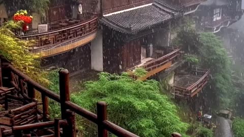 Tea under the eaves brings the rain, and the flowers in front of the cups welcome the wind