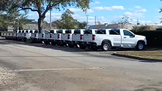 White pickup trucks lined up by Fashion Square Mall