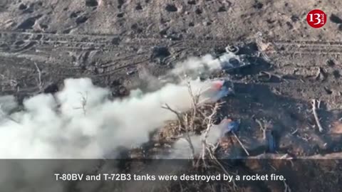 Condition of advancing T-80BV and T-72B3 Russian tanks after missile strike