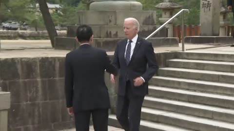 Biden stumbles while walking down steps of shrine as G7 leaders wait on him