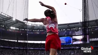 Ethan Katzberg says "I knew it was a good one" after gold medal hammer throw in Paris