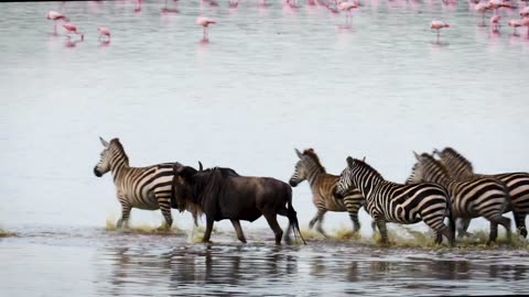 Zebra crossing lake Ndutu, Serengeti,