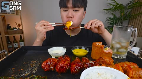 ASMR MUKBANG | Fried Chicken, Cheese spam, black bean noodles, kimchi Korean Food recipe ! eating