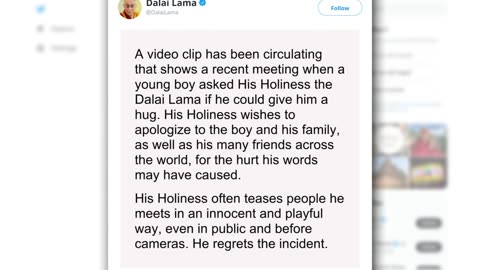 Dalai Lama tweets apology after video asking boy to “suck my tongue” goes viral