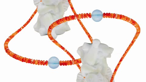 Orange spiny oyster with Milky Blue Aquamarine smooth bead gemstone necklace