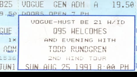 August 25, 1991 - Todd Rundgren at The Vogue in Indianapolis (Ticket Stub & Clip)