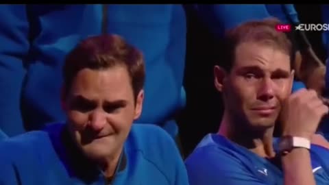 Tennis legend RogerFederer cries with rivalRafael Nadal aftercompleting the final game of his career