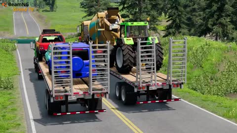 Flatbed Trailer Cars Transportation with Slide Color - Pothole vs Car vs Deep Water - BeamNG