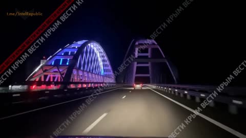 Crimean Bridge ILLUMINATED in colors of Russian FLAG