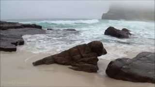 video of a beautiful misty beach- high quality sound-30 min relaxing ocean waves