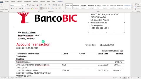 Angola Banco BIC banking statement template in Word Excel and PDF format