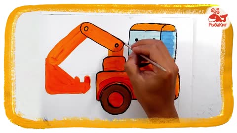 Car wash and orange excavator coloring book, Sponge Zhe, cartoon for kids. Whale.