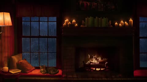 Cozy Cabin at Night - Rain by the Fireplace Sounds