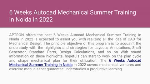 6 Weeks Autocad Mechanical Summer Training in Noida in 2022