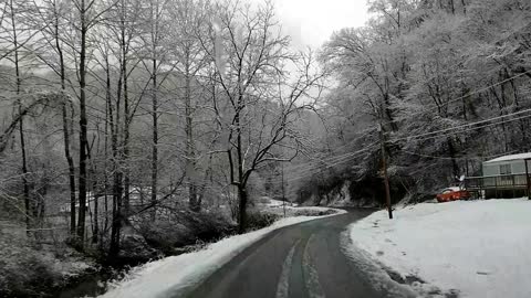 Beautiful Snow Covered Appalachian Mountain Road in West Virginia Drive