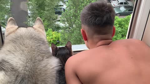 Three Friends Looking Out the Window