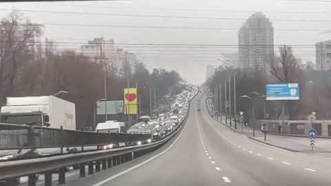 The traffic jam of people leaving Kyiv, Ukraine.