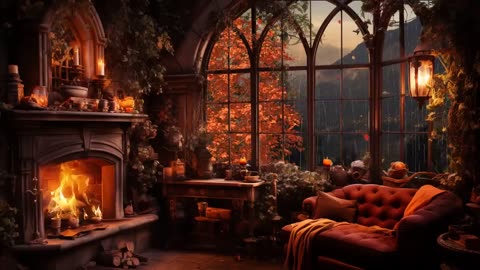 Cozy Autumn Cottage Rain Ambience with Relaxing Piano Music and Fireplace Sounds for