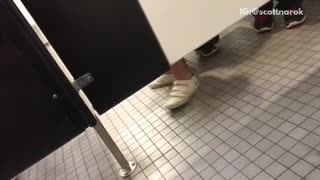 Kid knocking on public restroom door im pooing