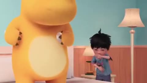 Super Cute Boy and Golden Dinosaur Funny Cartoon