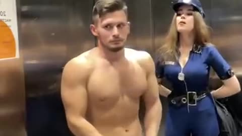 elevator prank police woman gym - PopCornRest #prank #reaction #comedy